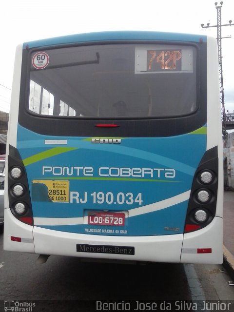 Viação Ponte Coberta RJ 190.034 na cidade de Rio de Janeiro, Rio de Janeiro, Brasil, por Benício José da Silva Júnior. ID da foto: 3238106.